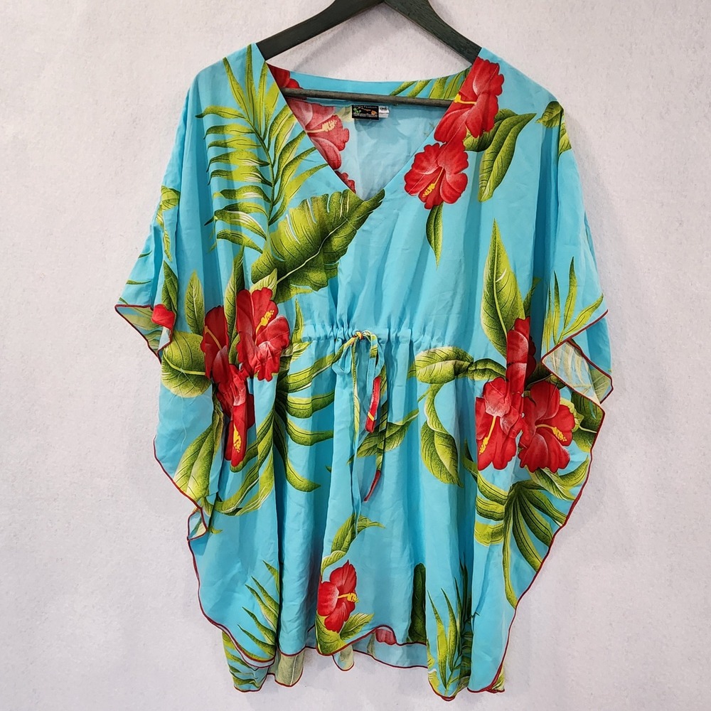 Aloha Fashion Blue Floral Hibiscus Kaftan Tunic Top One Size Drawstring Rayon